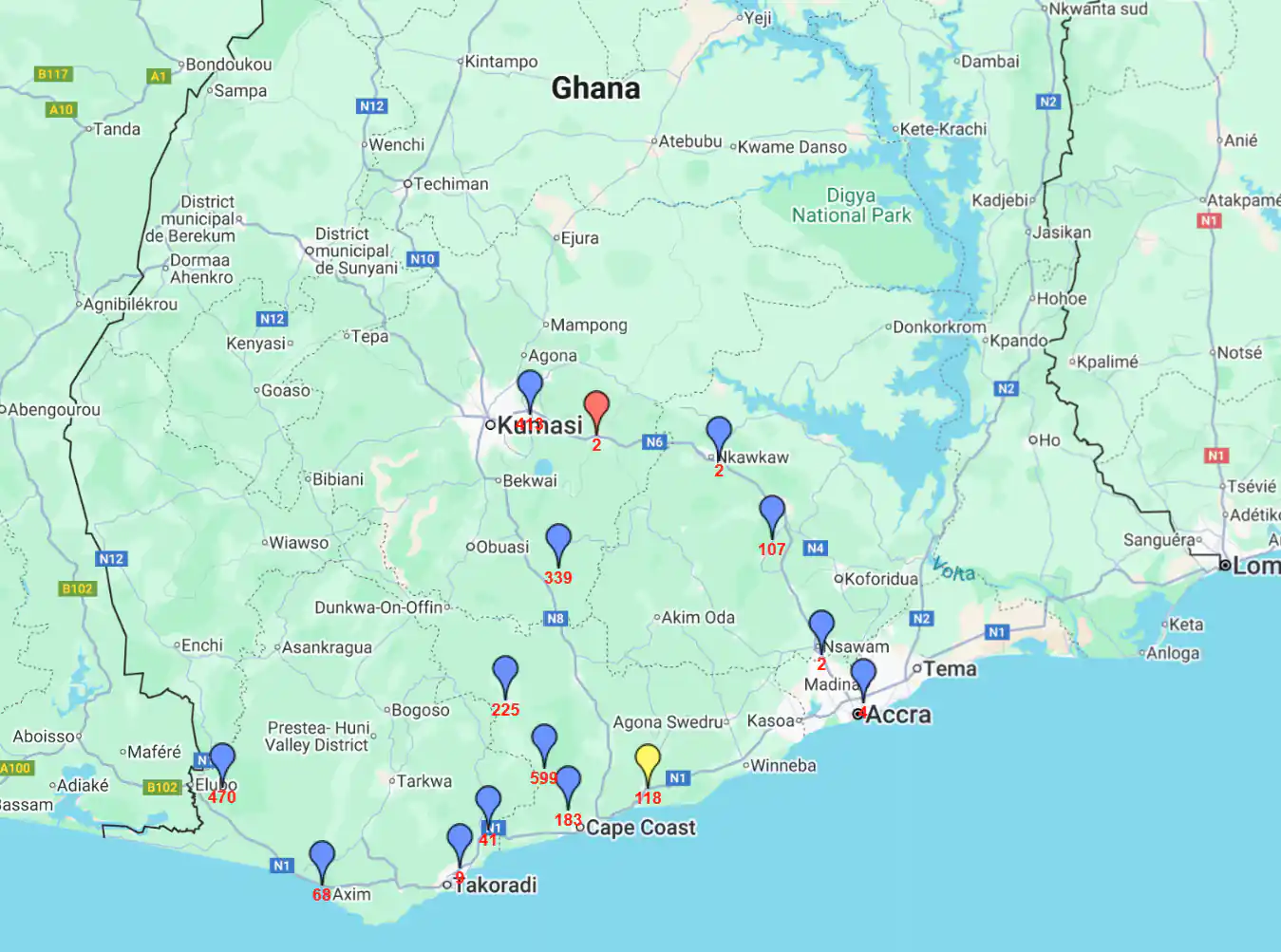 Libellules du Ghana - Sites prospectés au Ghana
