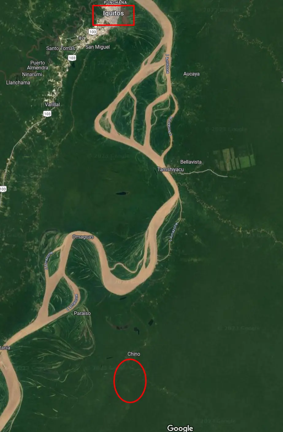 Carte Iquitos, zone de prospection des Odonates du Pérou